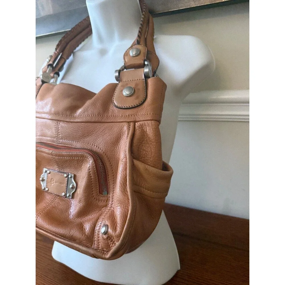 B Makowsky Tan Leather Leopard Interior Shoulder Bag Y2K